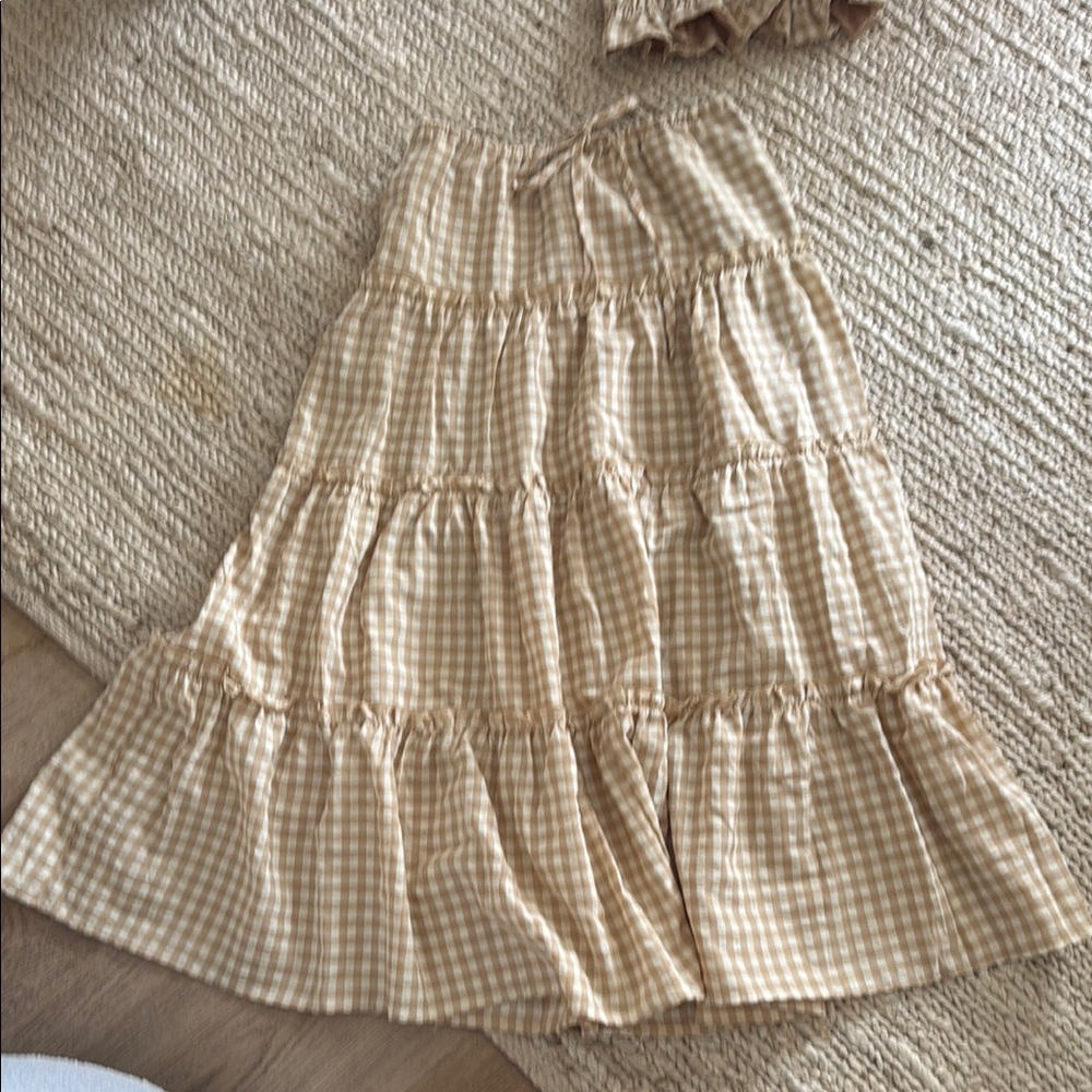 Women's Beige Gingham Tiered Midi Skirt And Matching Top